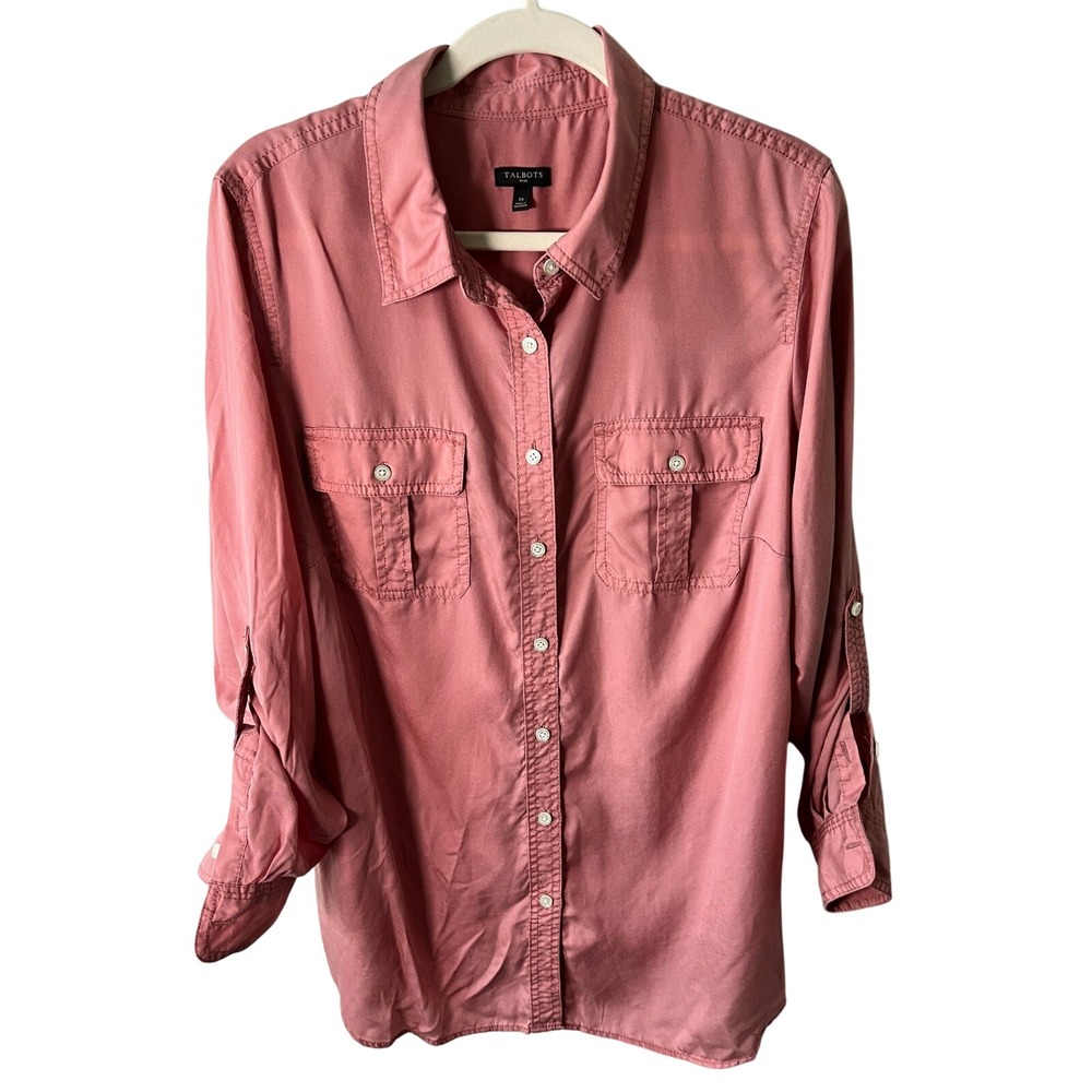 Talbots Plus Mauve Pink Lyocell Button Down Roll Tab Sleeve Utility Shirt 1X